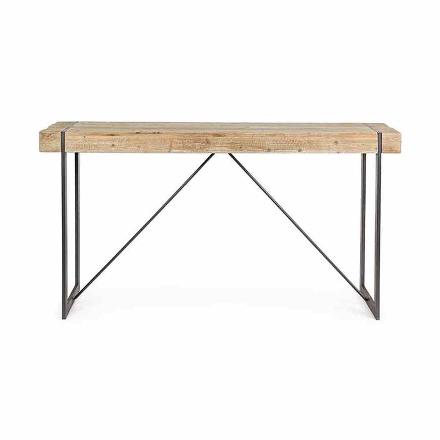 Skandináv stílusú, fenyőfából és fémből készült bárasztal.