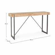 Skandináv stílusú, fenyőfából és fémből készült bárasztal méretjelöléssel.