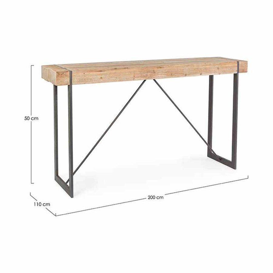 Skandináv stílusú, fenyőfából és fémből készült bárasztal méretjelöléssel.