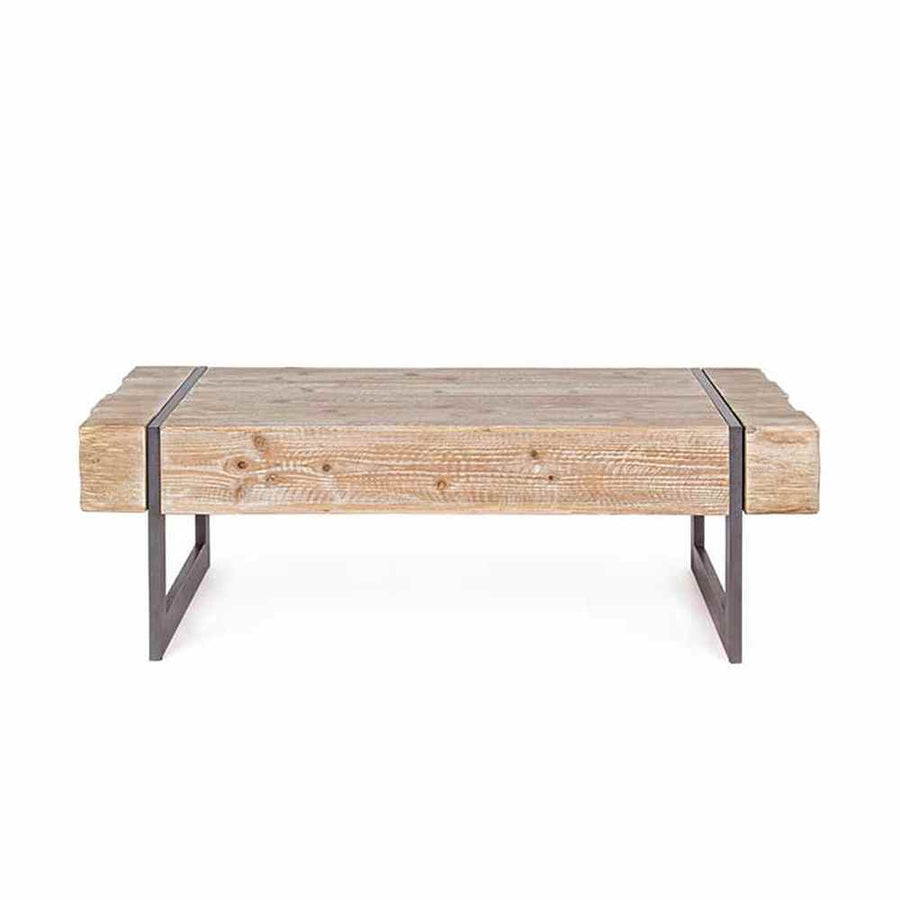 Skandináv stílusú, fenyőfából és fémből készült dohányzóasztal.