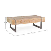 Skandináv stílusú, fenyőfából és fémből készült dohányzóasztal.