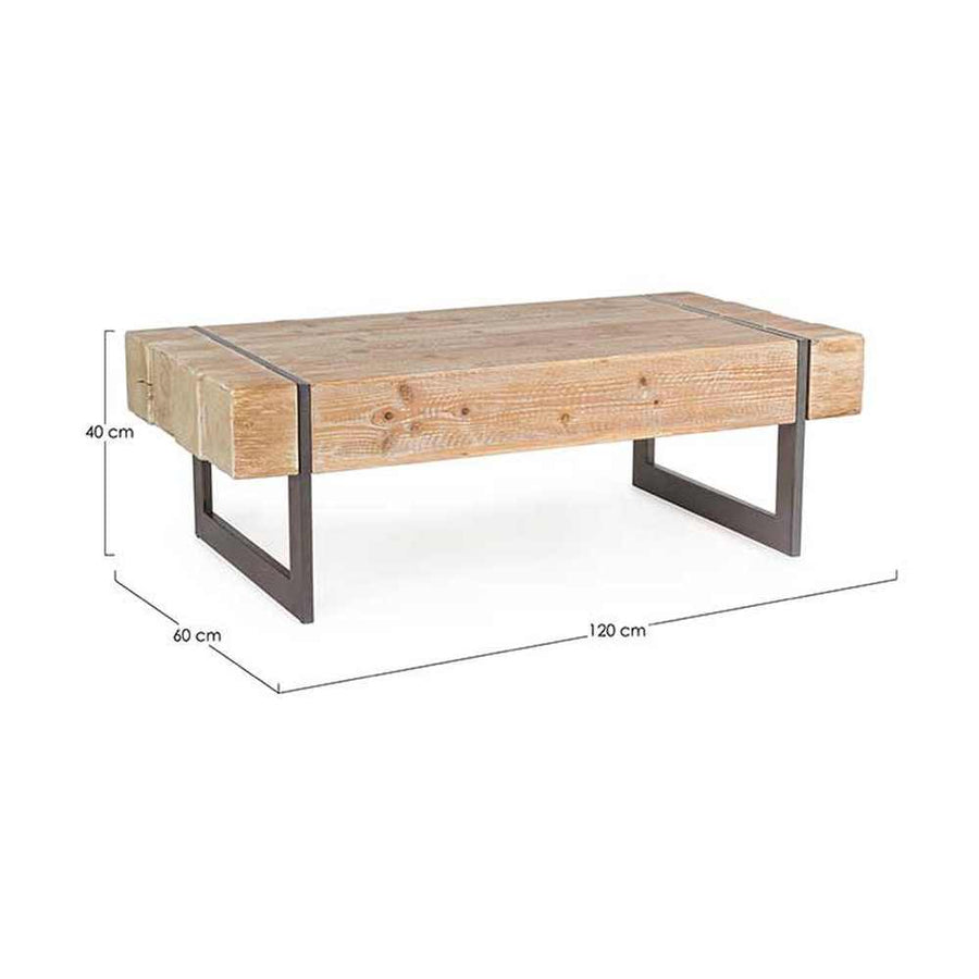 Skandináv stílusú, fenyőfából és fémből készült dohányzóasztal.