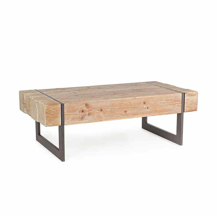 Skandináv stílusú, fenyőfából és fémből készült dohányzóasztal.