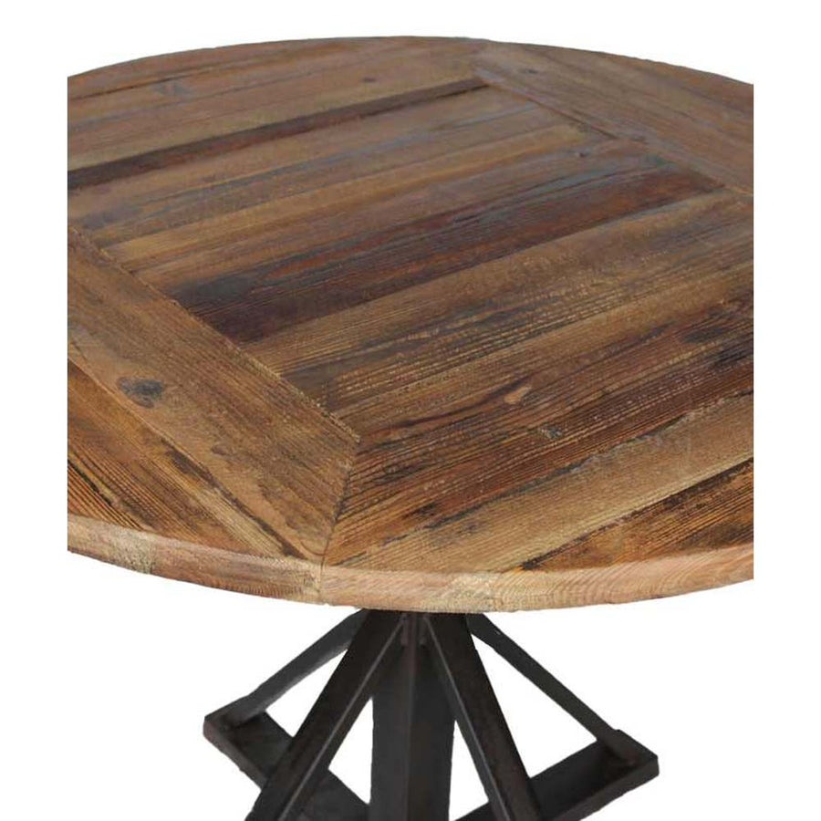 Újrahasznosított fából és vasból készült, 100 cm átmérőjű, loft stílusú étkezőasztal.