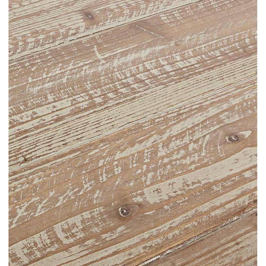 Skandináv stílusú, fenyőfából és fémből készült étkezőasztal asztallap részlete.