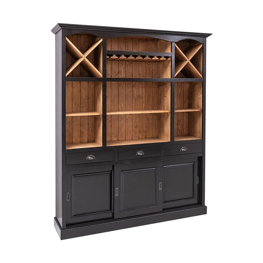 Tömör fenyőfából készült, prémium kategóriás, nagyméretű, 180 cm hosszú és 210 cm magas pohárszék, bárszekrény