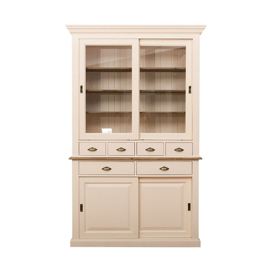 Tömör fenyőfából készült, 142 cm hosszú és 225 cm magas vitrines tálalószekrény