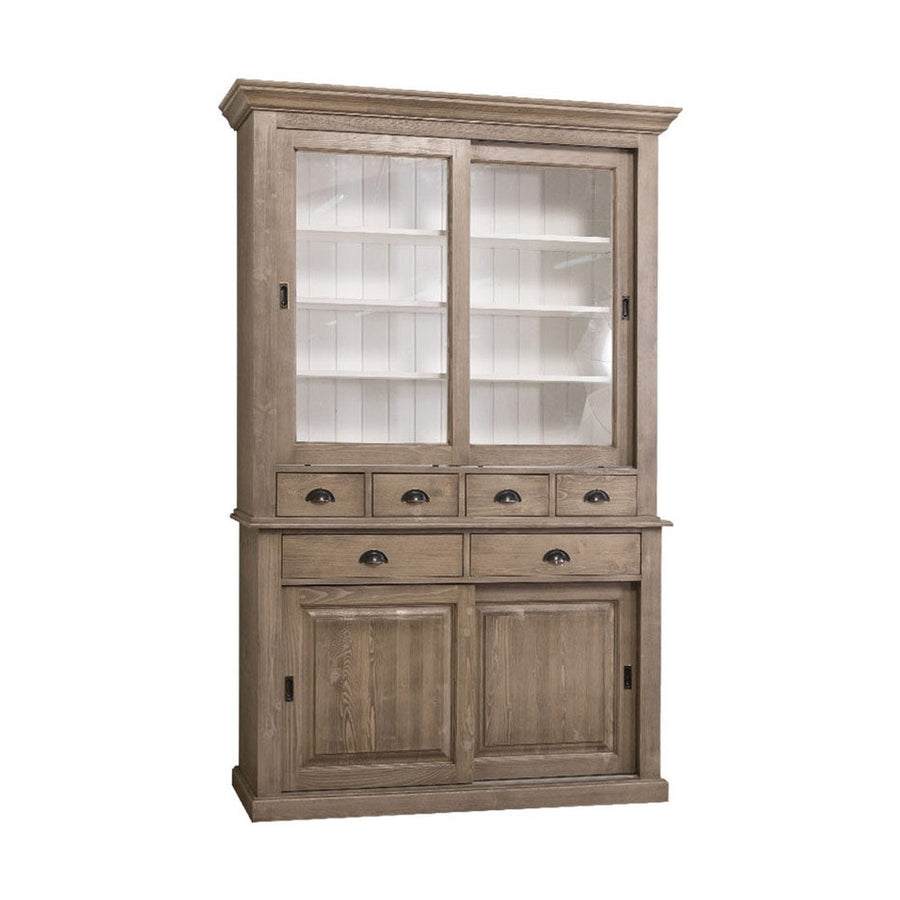 Tömör fenyőfából készült, 142 cm hosszú és 225 cm magas vitrines tálalószekrény