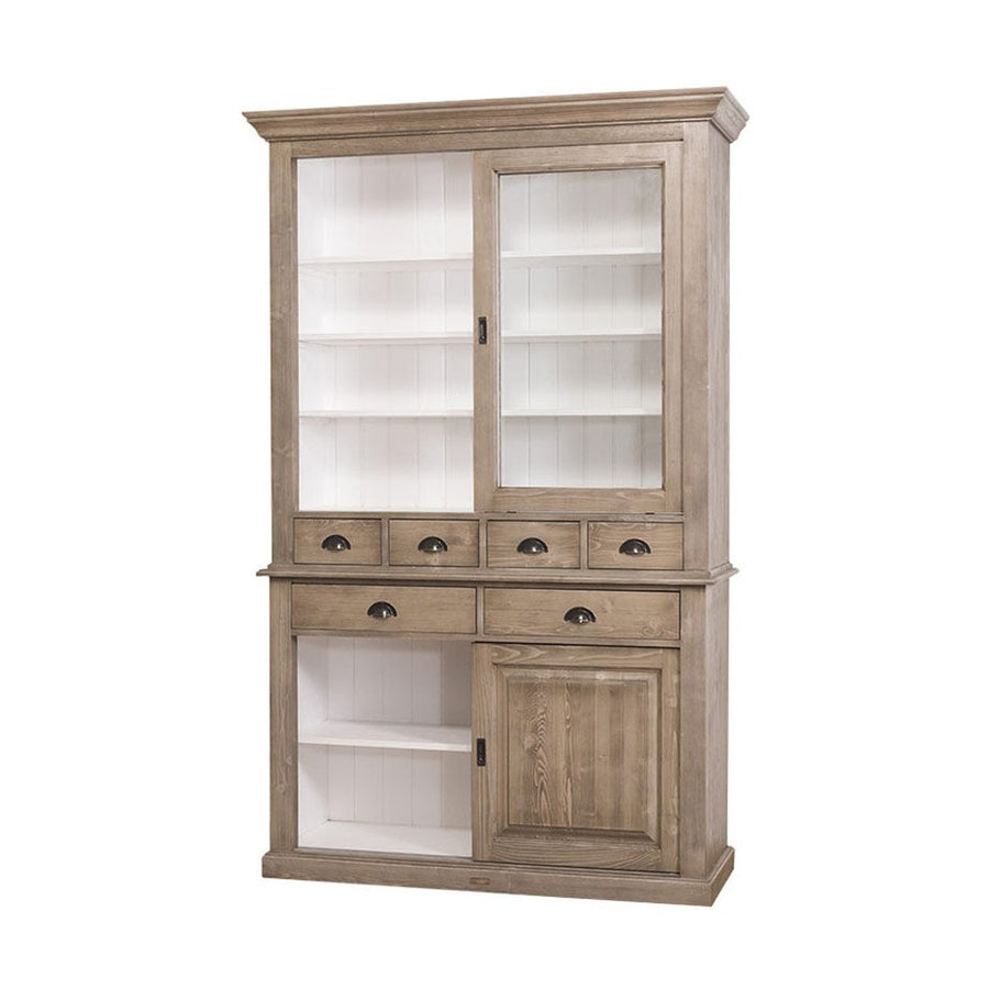 Tömör fenyőfából készült, 142 cm hosszú és 225 cm magas vitrines tálalószekrény