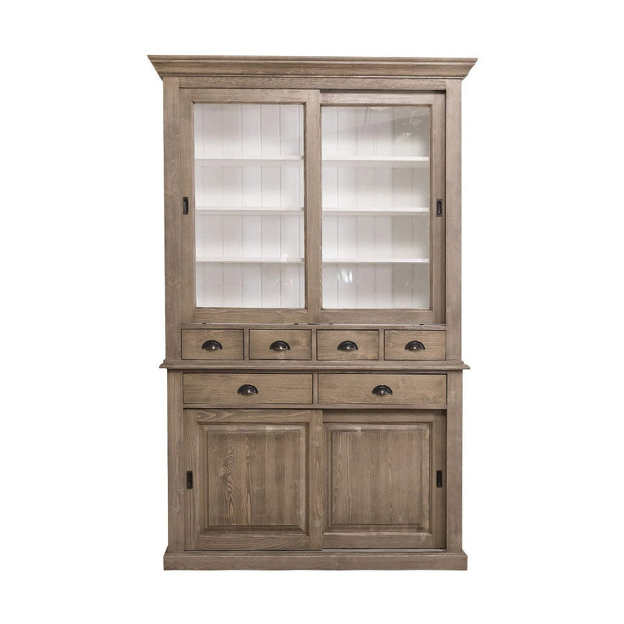 Tömör fenyőfából készült, 142 cm hosszú és 225 cm magas vitrines tálalószekrény