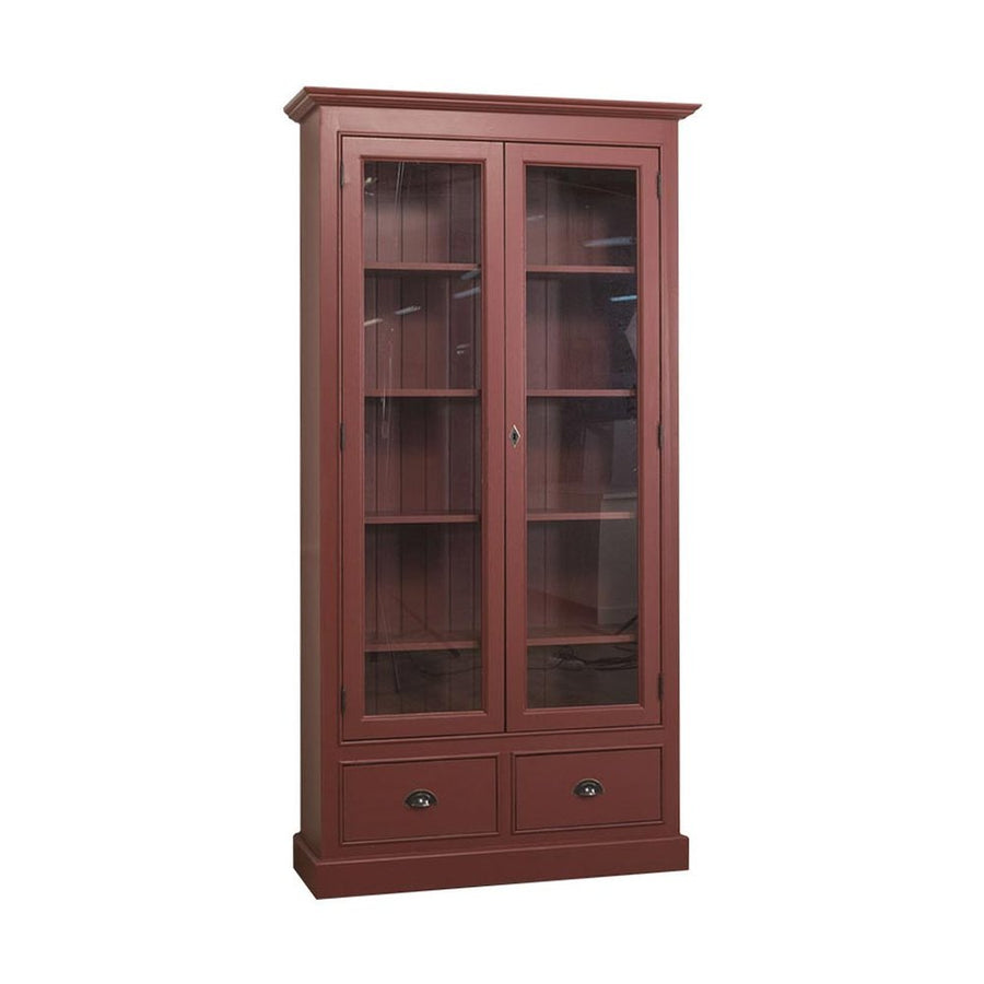 Tömör fenyőfából készült, 109 cm hosszú és 210 cm magas, kétfiókos, kétajtós zárható vitrin-könyvszekrény