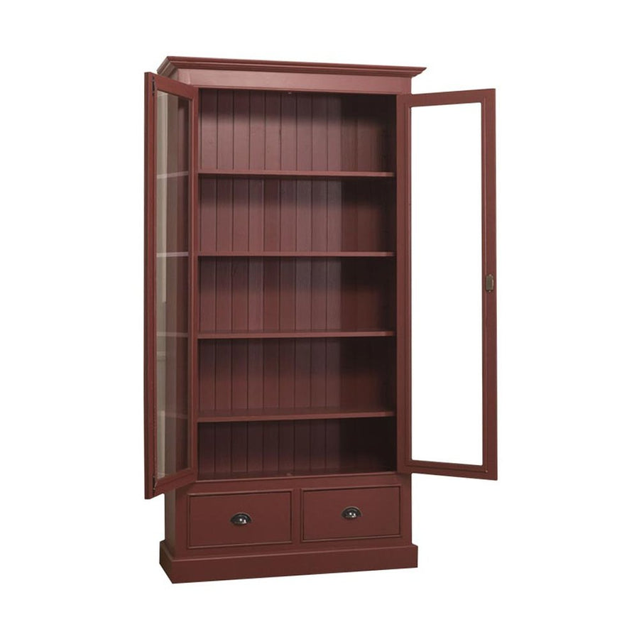 Tömör fenyőfából készült, 109 cm hosszú és 210 cm magas, kétfiókos, kétajtós zárható vitrin-könyvszekrény