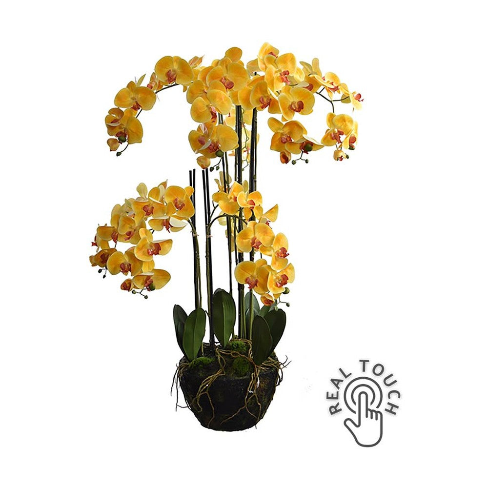 Sárga színű mű orchidea, mesterséges földlabdában.