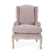 Koloniál stílusú, újrahasznosított mangófából készült púderrózsaszín fülesfotel.