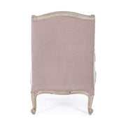 Koloniál stílusú, újrahasznosított mangófából készült púderrózsaszín fülesfotel.