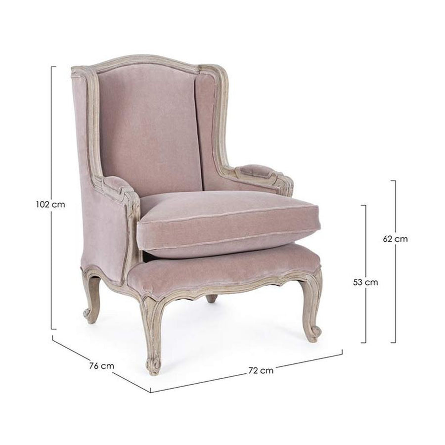 Koloniál stílusú, újrahasznosított mangófából készült púderrózsaszín fülesfotel.