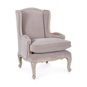 Koloniál stílusú, újrahasznosított mangófából készült púderrózsaszín fülesfotel.