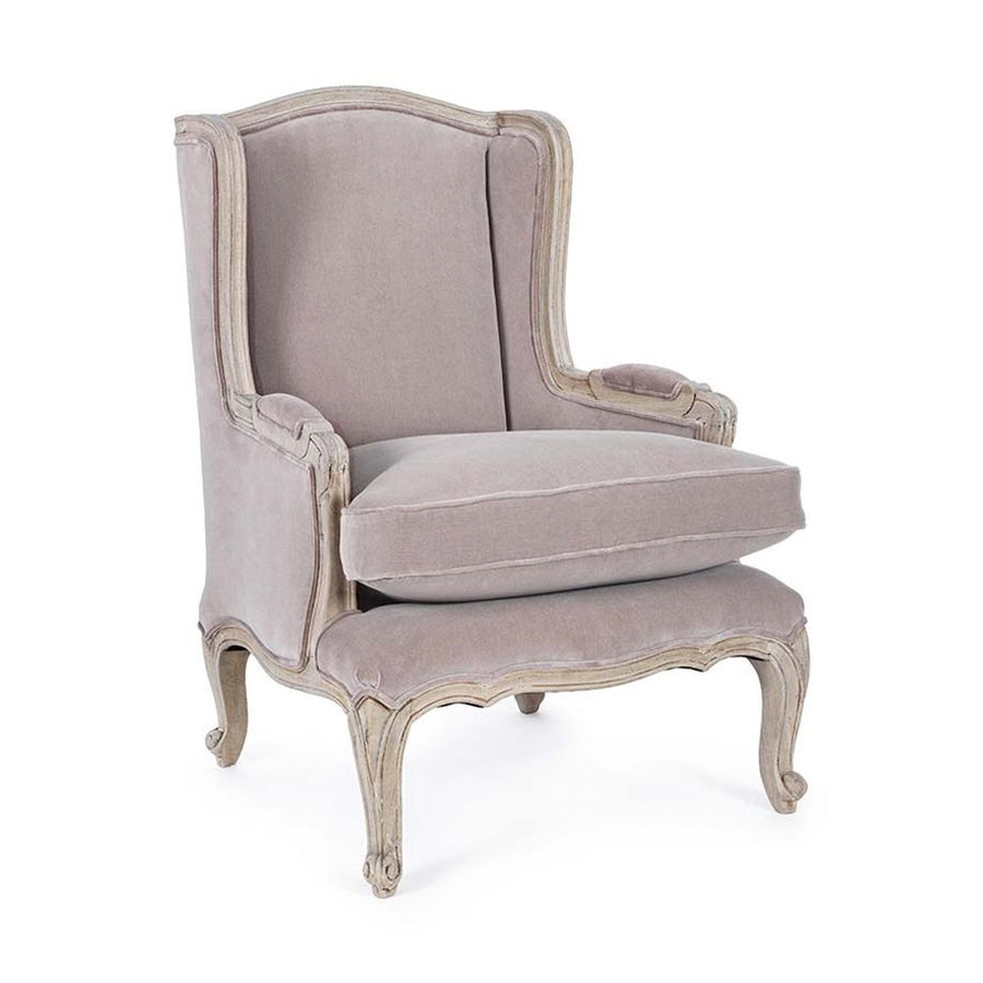 Koloniál stílusú, újrahasznosított mangófából készült púderrózsaszín fülesfotel.