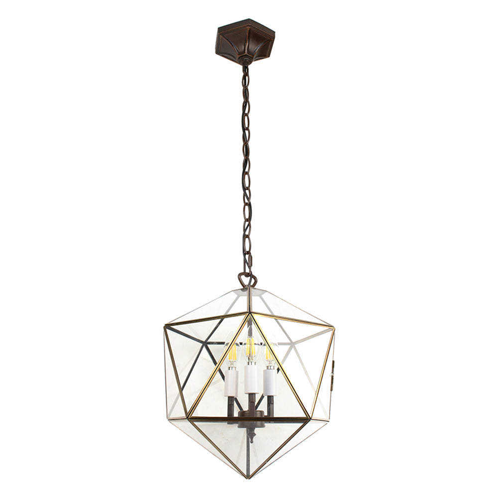 Modern, Art Deco stílusú, aranyszínű fémből és víztiszta üvegből készült, 30 cm átmérőjű, ikozaéder formájú, beltéri függesztek lámpa.