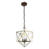 Modern, Art Deco stílusú, aranyszínű fémből és víztiszta üvegből készült, 30 cm átmérőjű, ikozaéder formájú, beltéri függesztek lámpa.