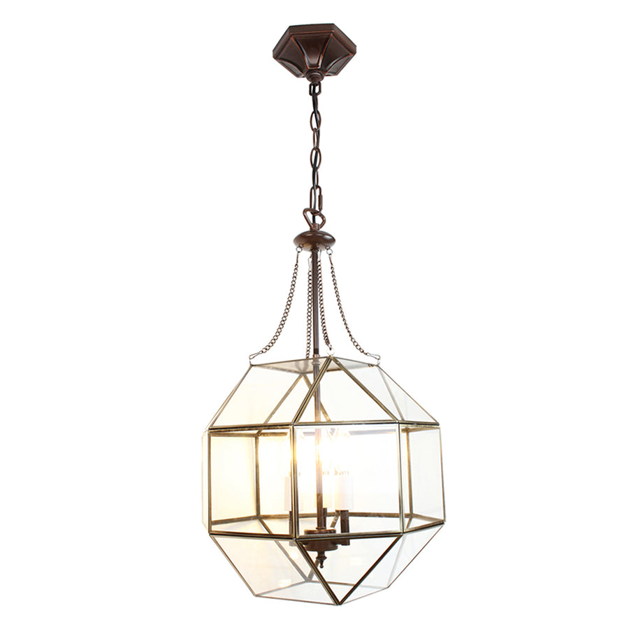 Aranyszínű fémből és víztiszta üvegből készült, 35 cm átmérőjű, rombikuboktaéder formájú, beltéri függesztek lámpa.
