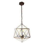 Modern, Art Deco stílusú, aranyszínű fémből és víztiszta üvegből készült, 35 cm átmérőjű, ikozaéder formájú, beltéri függesztek lámpa.