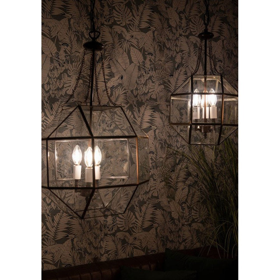 Aranyszínű fémből és víztiszta üvegből készült, 40 cm átmérőjű, rombikuboktaéder formájú, beltéri függesztek lámpa.