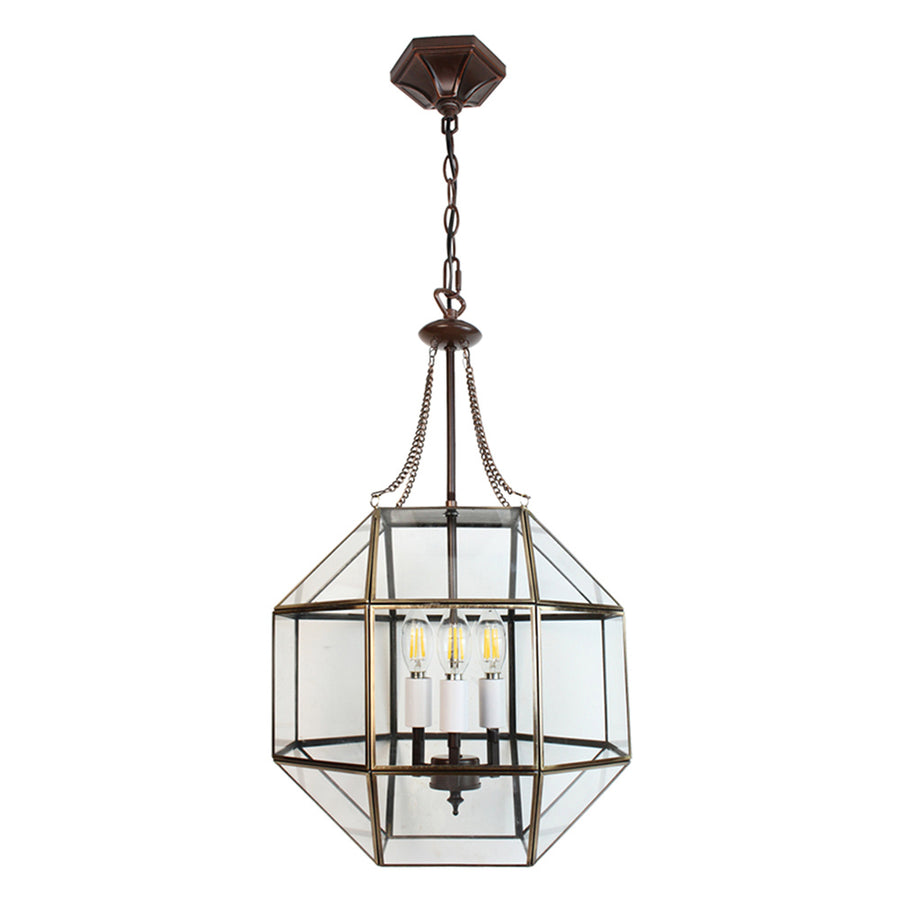 Aranyszínű fémből és víztiszta üvegből készült, 40 cm átmérőjű, rombikuboktaéder formájú, beltéri függesztek lámpa.