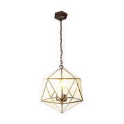 Modern, Art Deco stílusú, aranyszínű fémből és víztiszta üvegből készült, 40 cm átmérőjű, ikozaéder formájú beltéri függesztek lámpa..