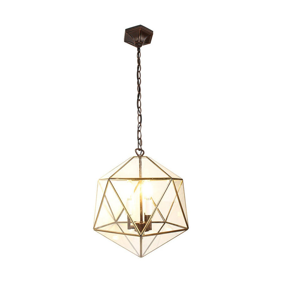 Modern, Art Deco stílusú, aranyszínű fémből és víztiszta üvegből készült, 40 cm átmérőjű, ikozaéder formájú beltéri függesztek lámpa..