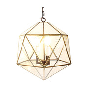 Modern, Art Deco stílusú, aranyszínű fémből és víztiszta üvegből készült, 40 cm átmérőjű, ikozaéder formájú beltéri függesztek lámpa.