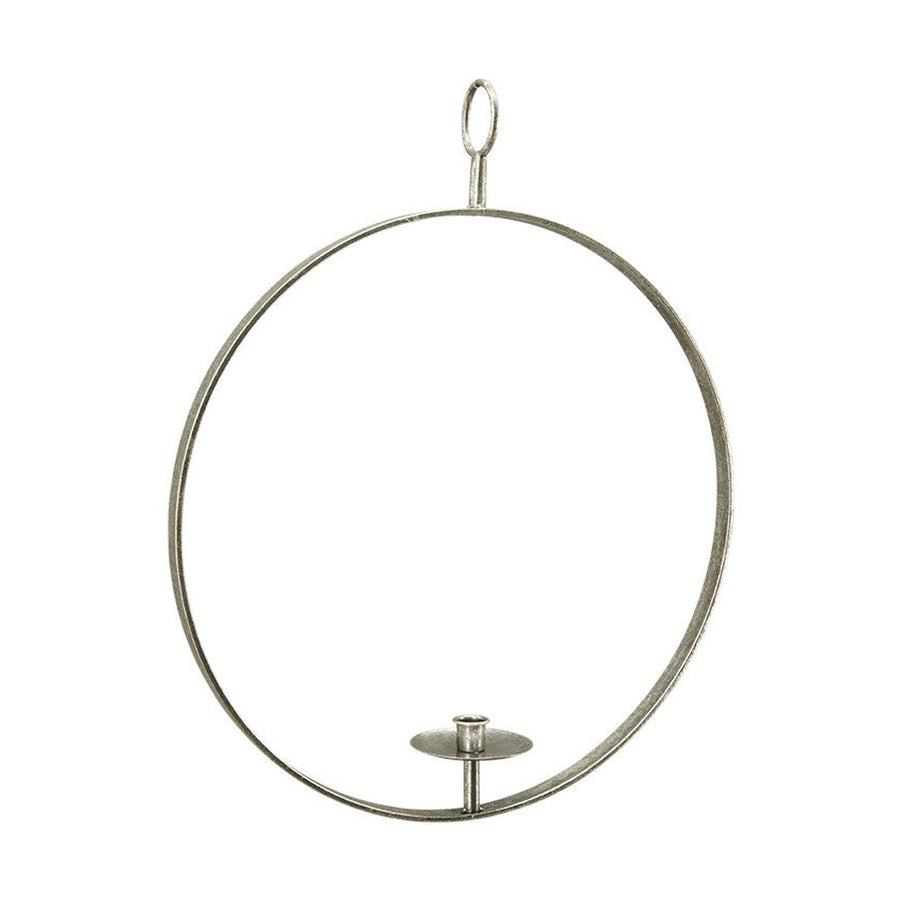 Modern, skandináv stílusú,, antikolt felületű, ezüst színű, fémből készült, függeszthető gyertyatartó karika.