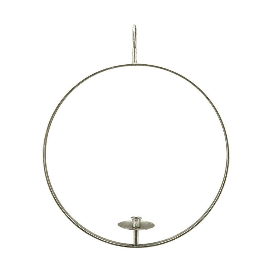 Modern, skandináv stílusú,, antikolt felületű, ezüst színű, fémből készült, függeszthető gyertyatartó karika.