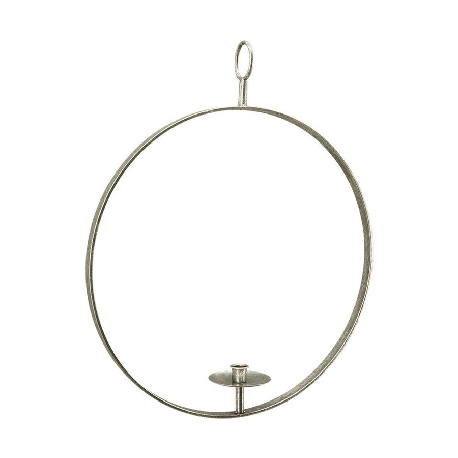 Modern, skandináv stílusú, óriás méretű, antikolt felületű, ezüst színű, fémből készült, függeszthető gyertyatartó karika.