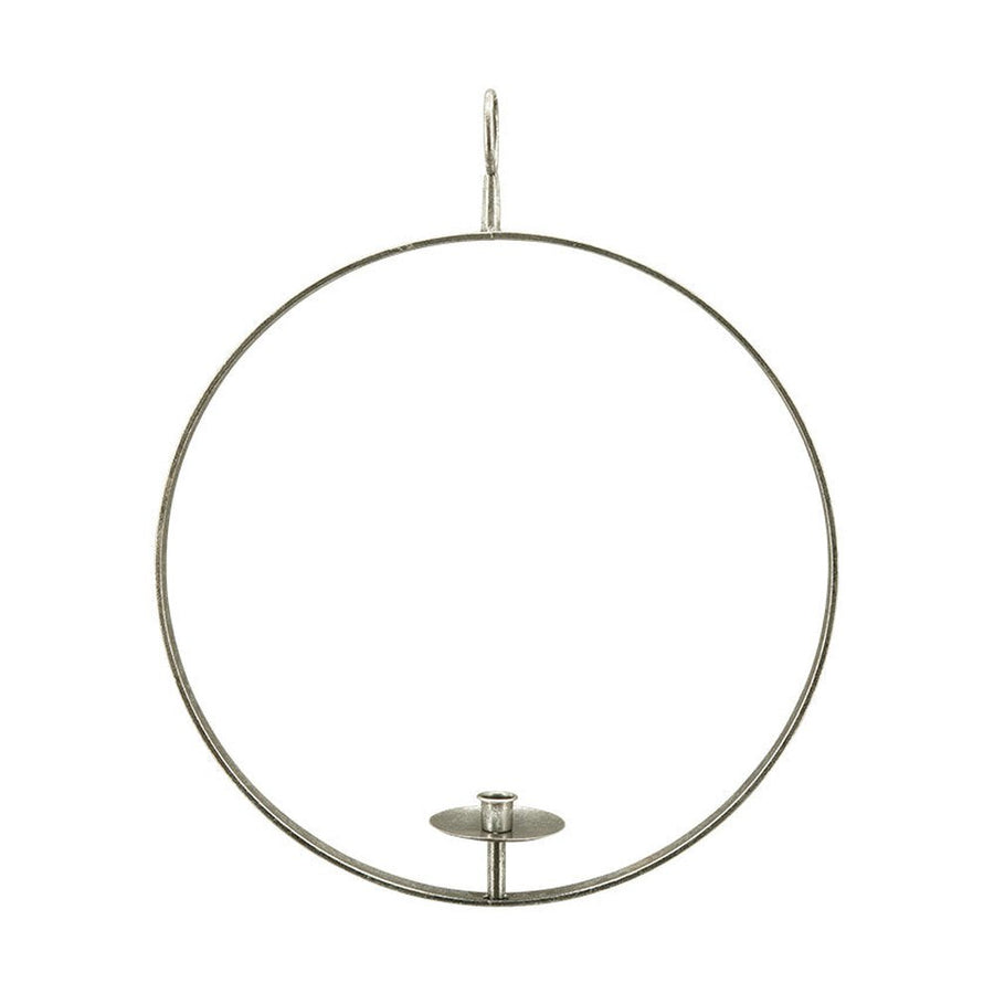 Modern, skandináv stílusú, óriás méretű, antikolt felületű, ezüst színű, fémből készült, függeszthető gyertyatartó karika.