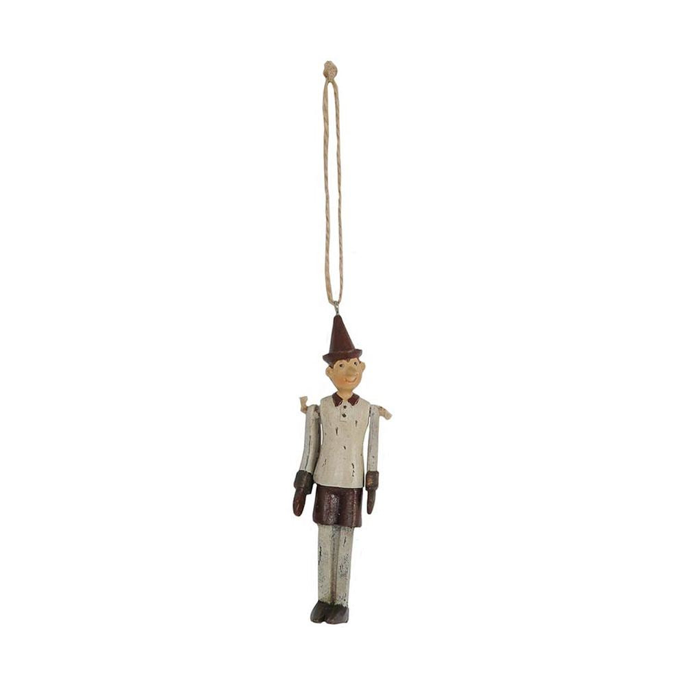 Vintage stílusú, 12 cm magas, fa hatású, függeszthető Pinokkió-figura.