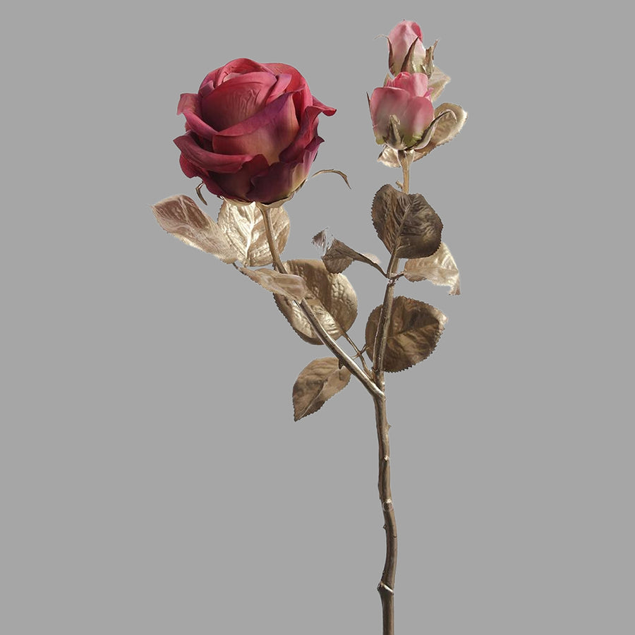 Glamour stílusú mű rózsaág pezsgőszínű szárral és levelekkel, fáradt bordó színárnyalatú virágfejekkel.