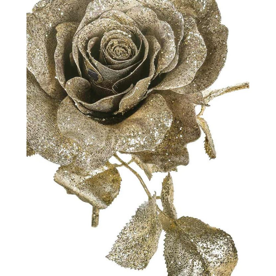 Glamour stílusú, exkluzív megjelenésű, 18 cm hosszú, glitteres, óarany színű mesterséges mű rózsa pick