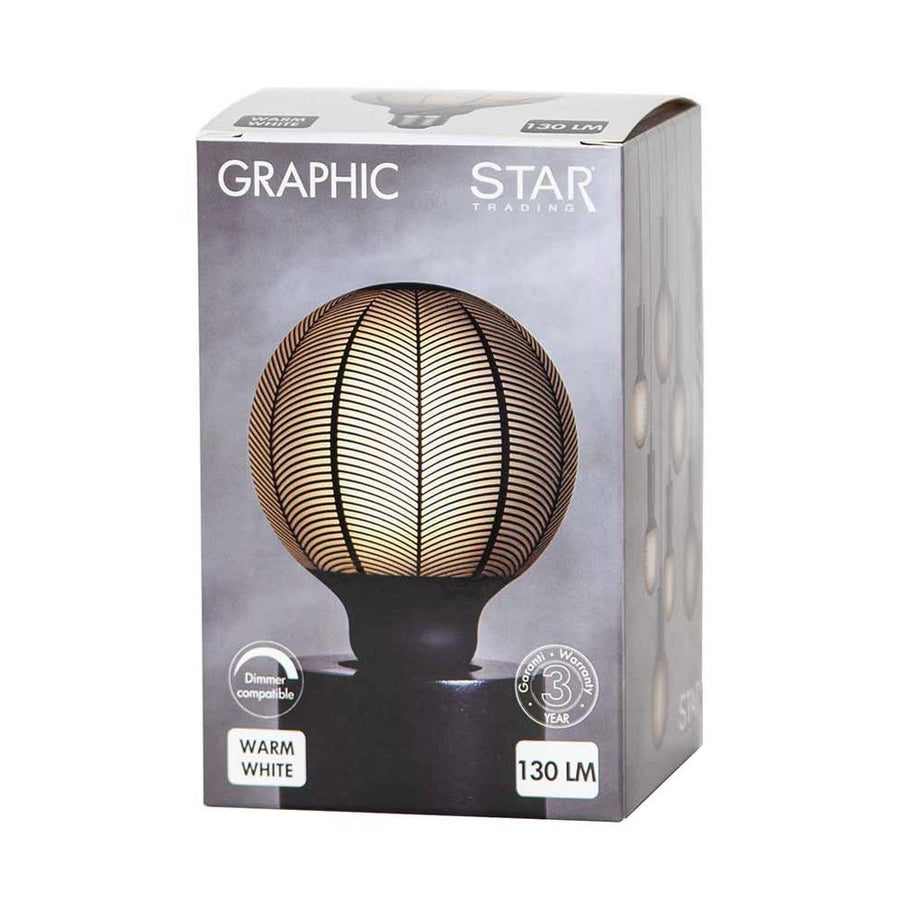 A GRAPHIC dekor izzók jellegzetessége az opálos üvegfelületeiket díszítő, matt fekete színű dekoratív grafikai minták alkalmazása