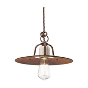 Rusztikus, vidéki stílusú, állítható magasságú, antikolt, repesztett felületű mázas kerámiából és rozsdás fémből készült, textilburkolatú vezetékkel kialakított, kézműves függeszték lámpa.