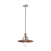 Rusztikus, vidéki stílusú, állítható magasságú, antikolt, repesztett felületű mázas kerámiából és rozsdás fémből készült, textilburkolatú vezetékkel kialakított, kézműves függeszték lámpa.