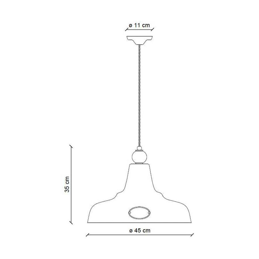 Rusztikus, vidéki stílusú, antikolt felületű mázas kerámiából és rozsdás fémből készült, textilburkolatú vezetékkel kialakított, kézműves függeszték lámpa.