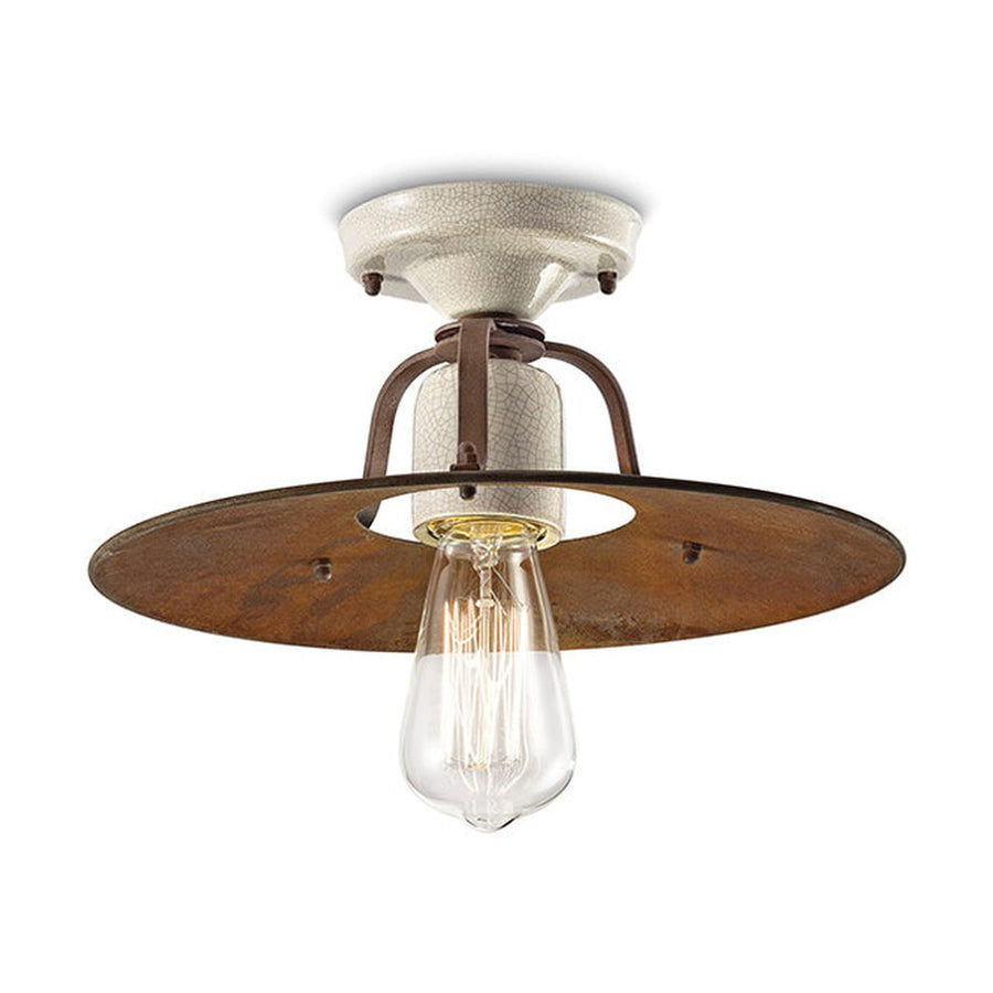 Rusztikus, vidéki stílusú, antikolt, repesztett felületű mázas kerámiából és rozsdás fémből készült, kézműves mennyezeti lámpa.