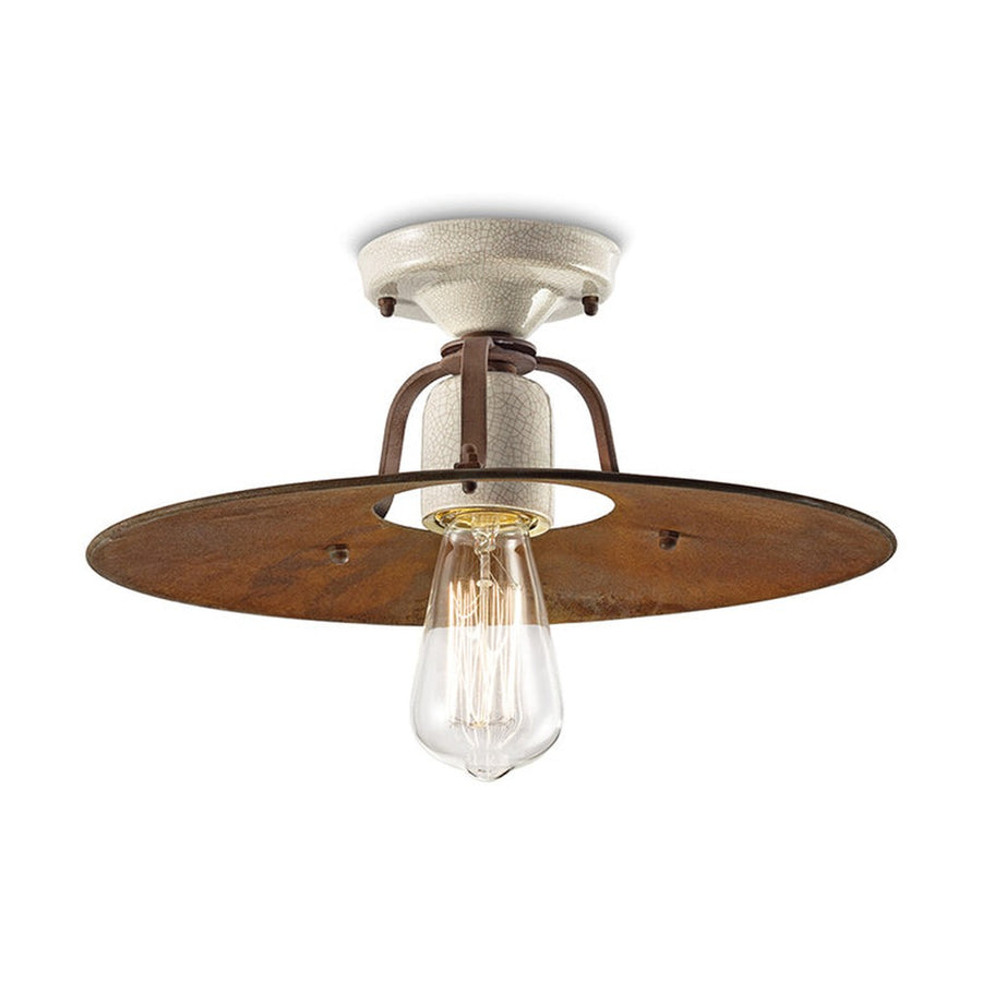 Rusztikus, vidéki stílusú, antikolt, repesztett felületű mázas kerámiából és rozsdás fémből készült, kézműves mennyezeti lámpa.