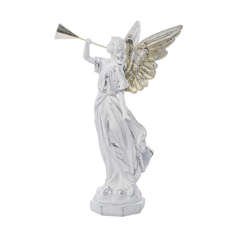 Prémium kategóriás, klasszikus stílusú, 40 cm magas harsonás karácsonyi angyal figura oldalról fotózott képe 