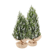 Élethű megjelenésű, havas felületű, 43 cm magas, dús kialakítású, mű dekor tujabokor jutazsákban-