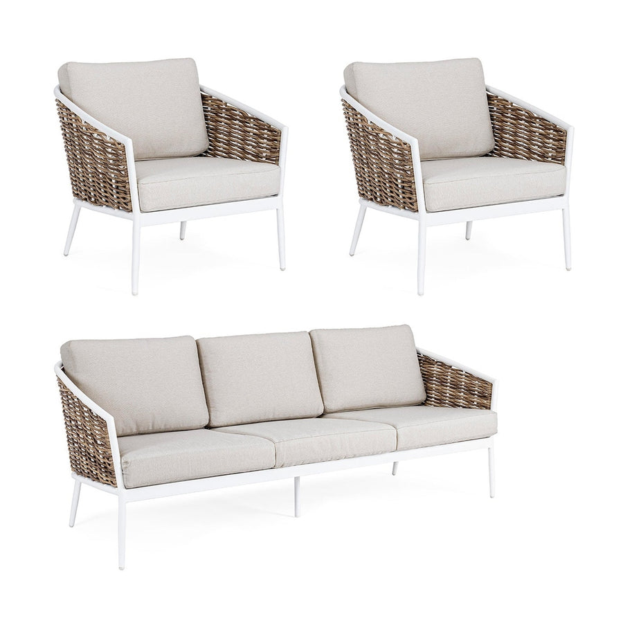 Homokszürke színű kerti ülőgarnitúra.