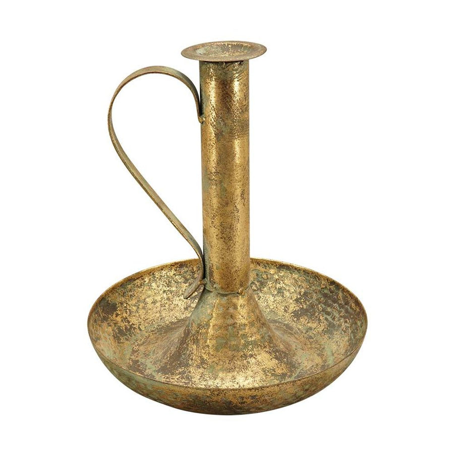 Antikolt felületű, aranyszínű fémből készült, vidéki stílusú hordozható gyertyatartó.