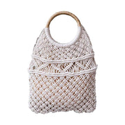 Vintage stílusú, makramé technikával készült pamut női táska bambuszkarika fülekkel