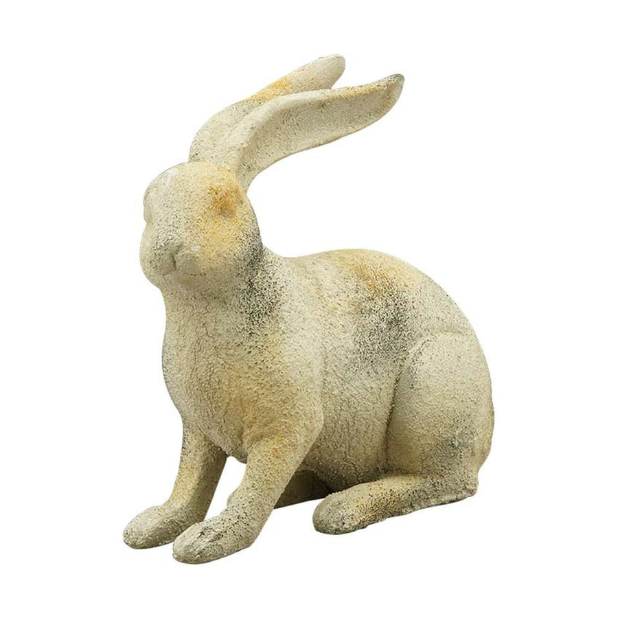 Rusztikus vidéki stílusú, 23 cm hosszú és 24 cm magas, antikolt felületű, krém színű húsvéti nyuszi figura.